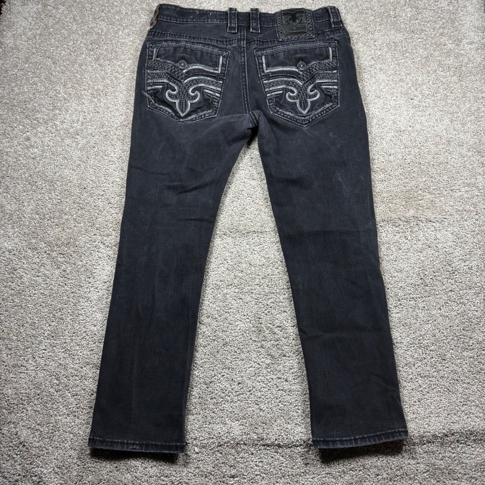Rock Revival‎ Leonel Straight Black Jeans Mens 38 29 Inseam Embroidered Denim